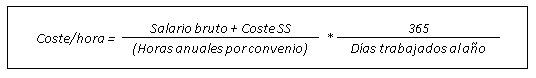 Coste/Hora es igual al Salario Bruto más el Coste de la Seguridad Social dividido entre las Horas anuales por convenio multiplicado por trescientos sesenta y 5 dividido entre días trabajados al año